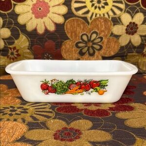 Antique Glasbake White Ceramic Dish with Vegetable Design